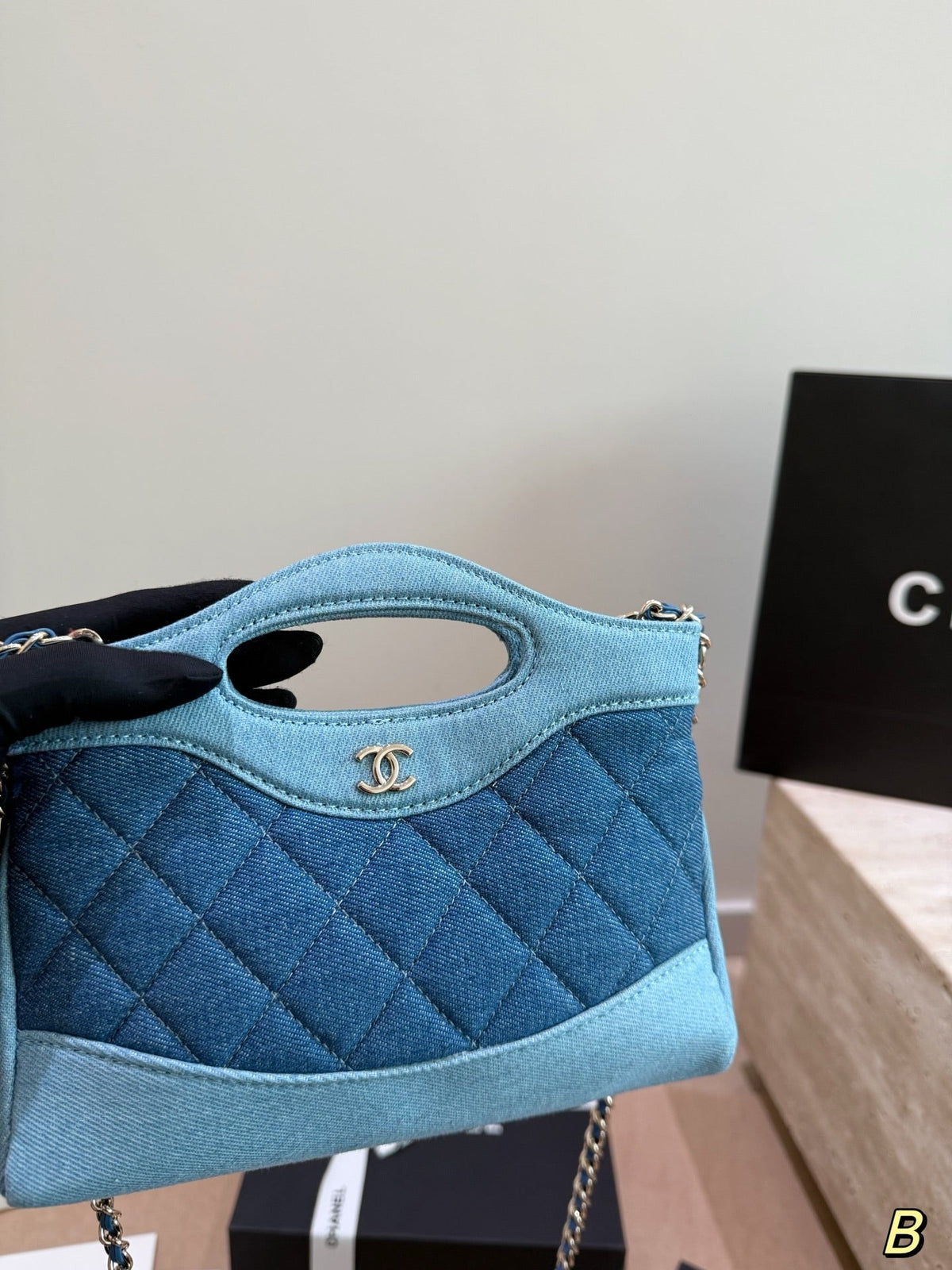 Chanel Quilted Denim Mini Shopping Tote – Two-Tone Blue Chain Shoulder & Top-Handle Bag