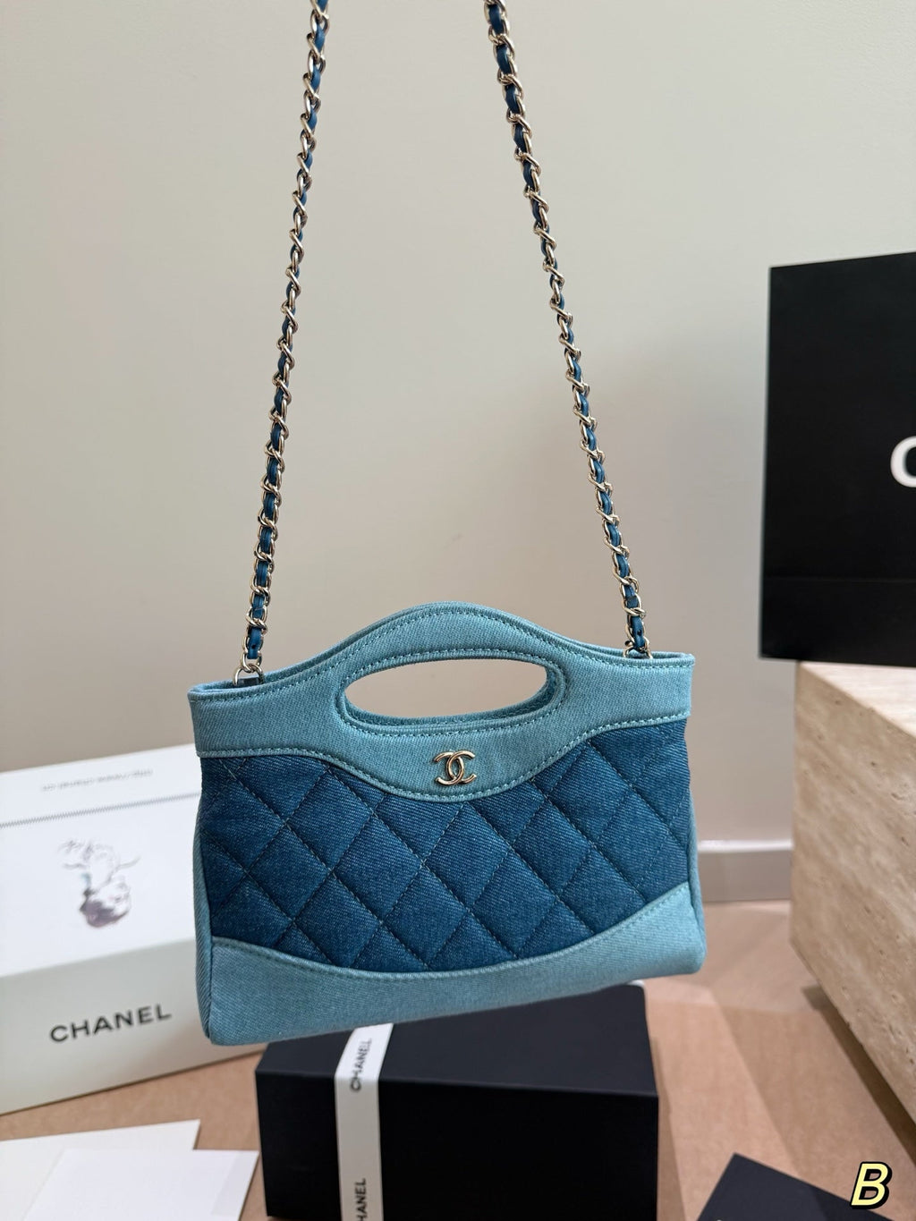 Chanel Quilted Denim Mini Shopping Tote – Two-Tone Blue Chain Shoulder & Top-Handle Bag