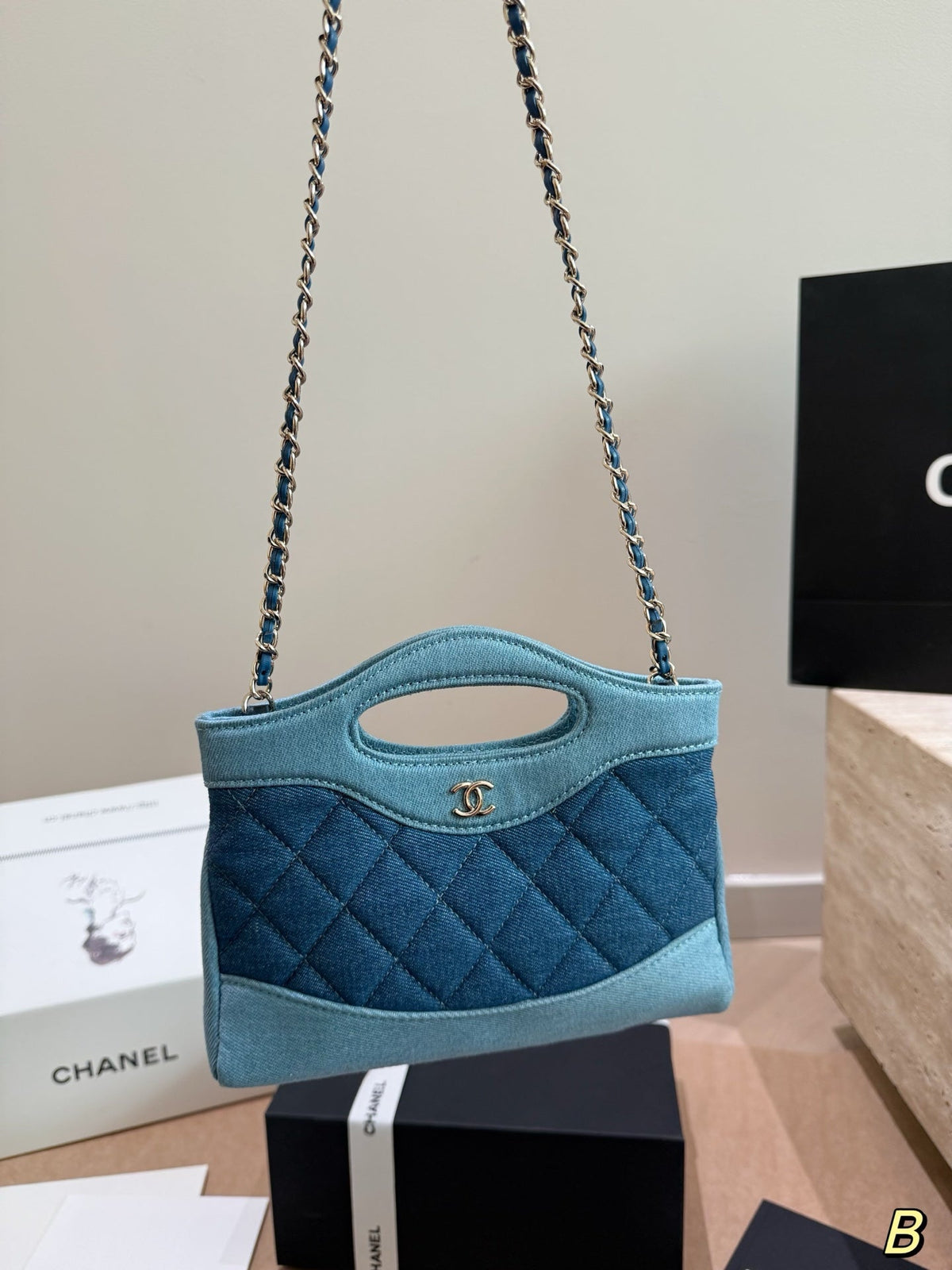 Chanel Quilted Denim Mini Shopping Tote – Two-Tone Blue Chain Shoulder & Top-Handle Bag