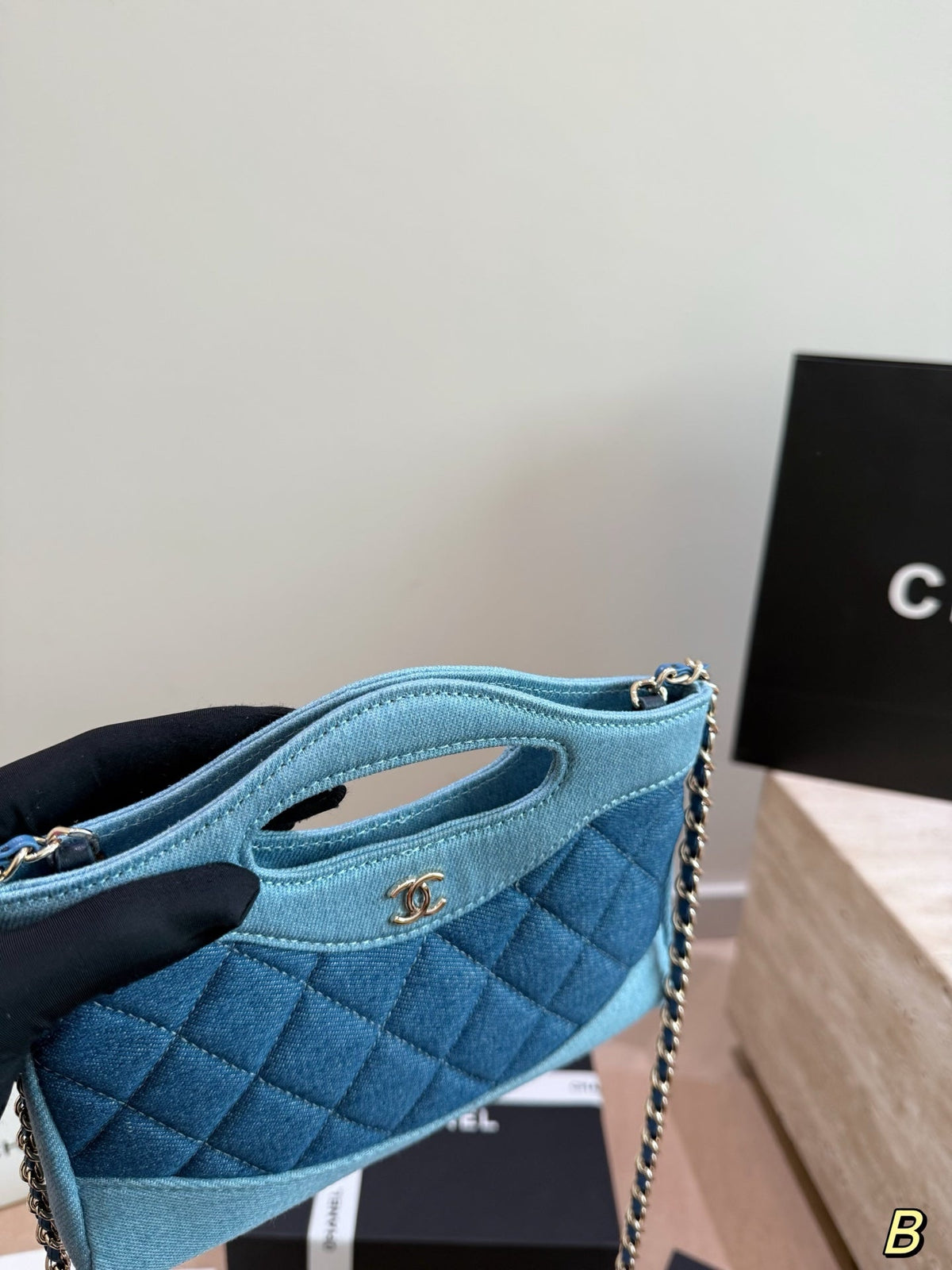 Chanel Quilted Denim Mini Shopping Tote – Two-Tone Blue Chain Shoulder & Top-Handle Bag