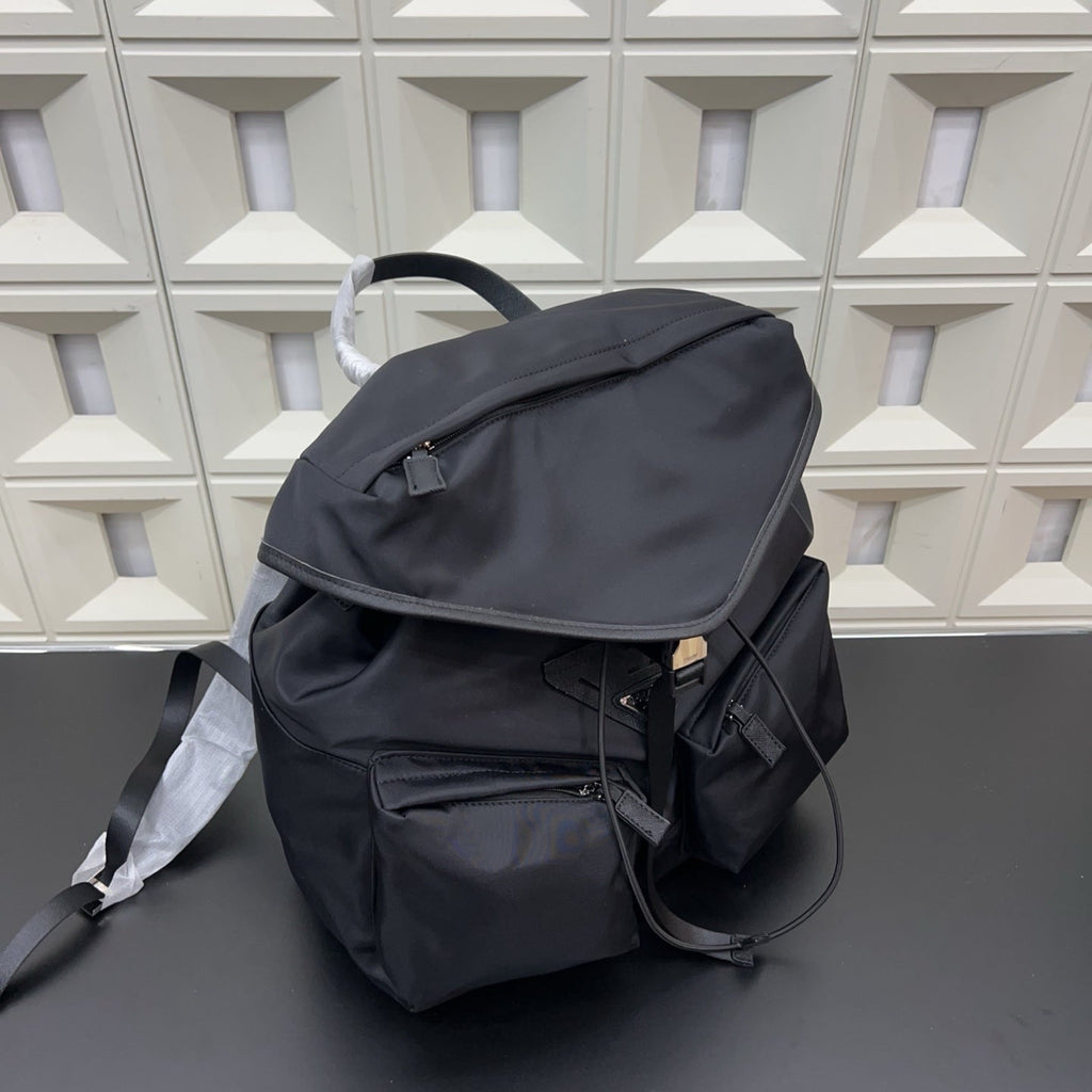 Prada Re-Nylon and Saffiano Leather Backpack – Black Drawstring Backpack with Exterior Pockets