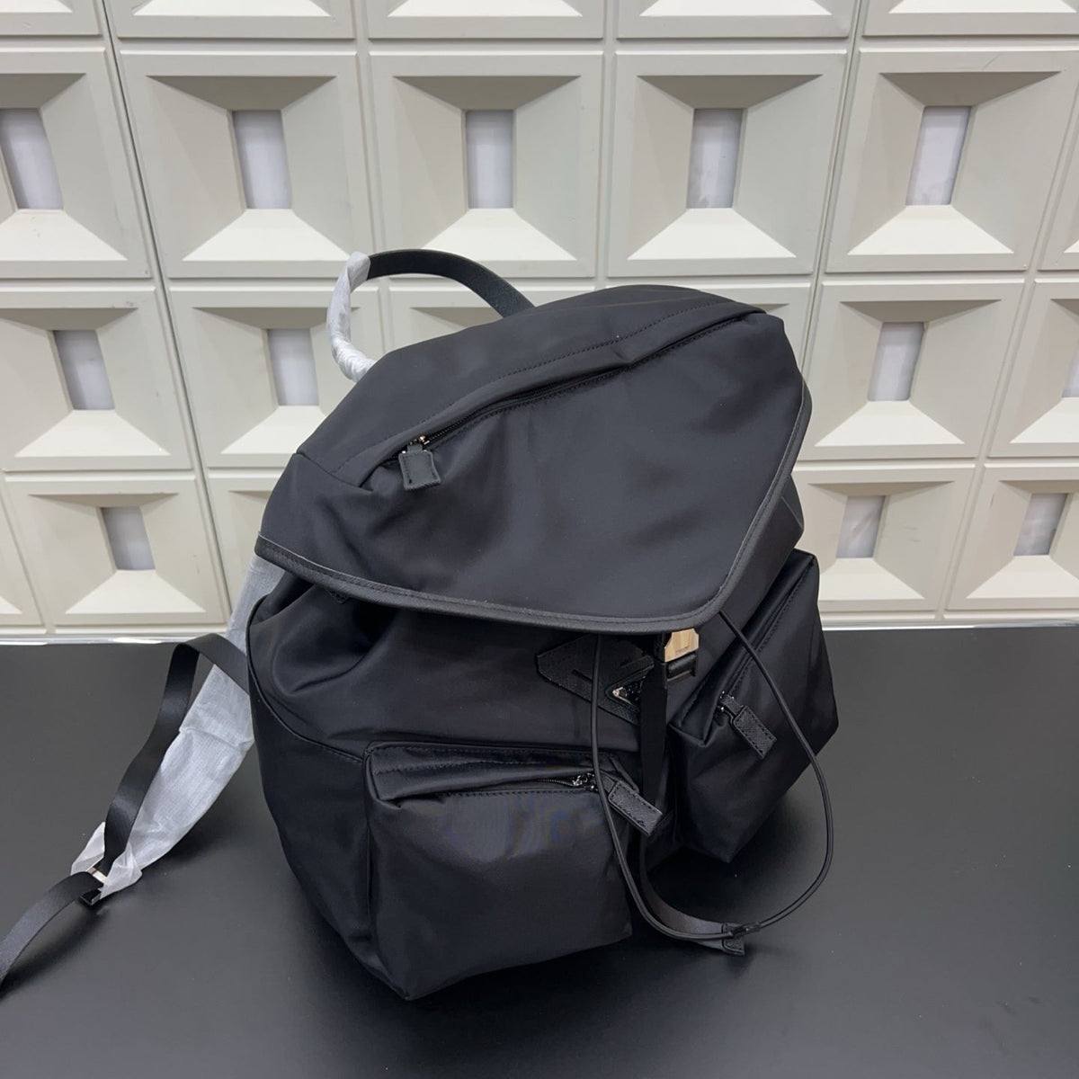 Prada Re-Nylon and Saffiano Leather Backpack – Black Drawstring Backpack with Exterior Pockets