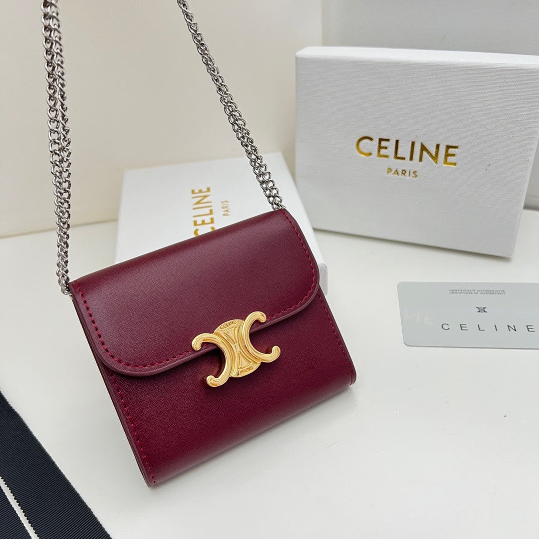 Celine Triomphe Chain Wallet in Burgundy Calfskin – Mini Flap Card Holder Crossbody Bag