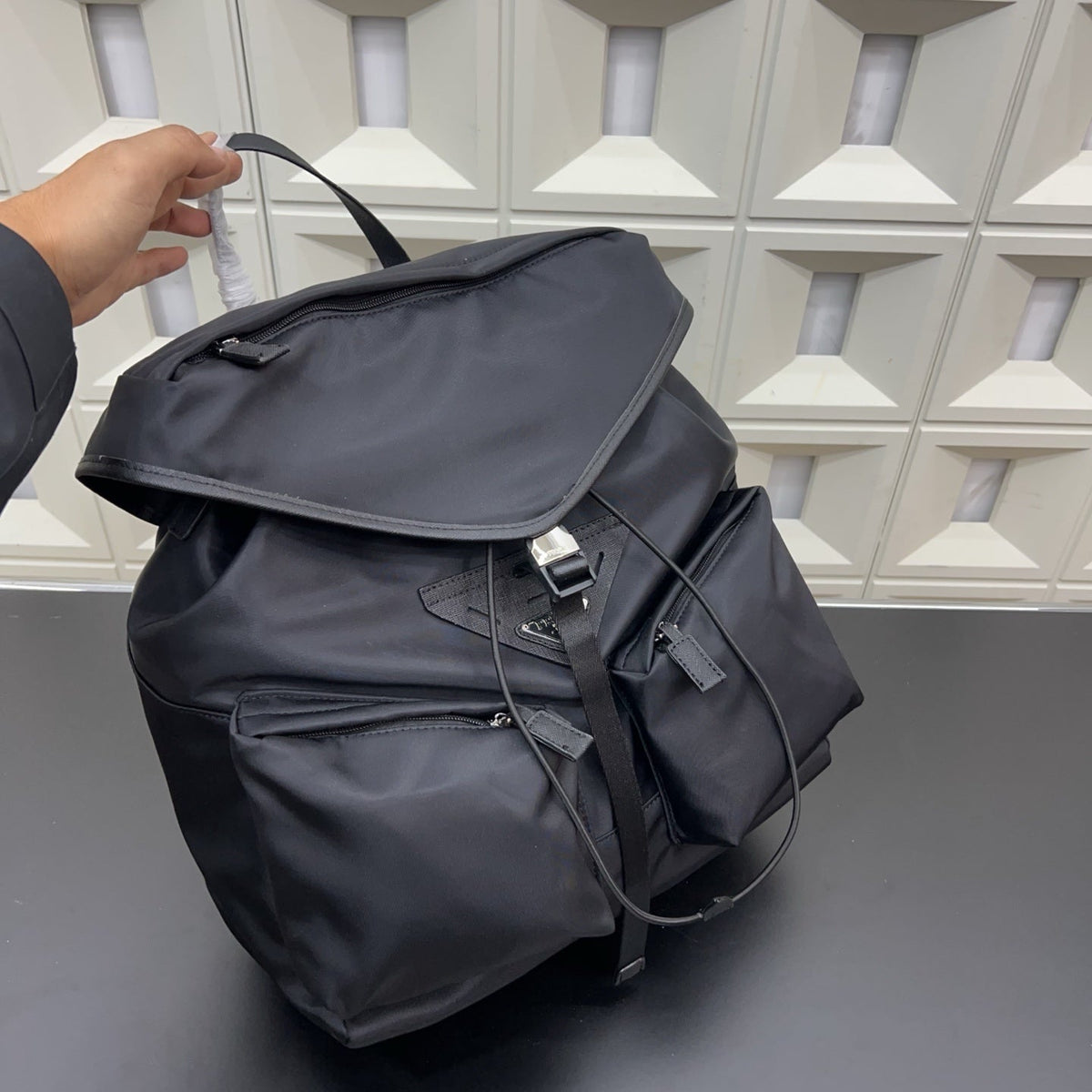 Prada Re-Nylon and Saffiano Leather Backpack – Black Drawstring Backpack with Exterior Pockets