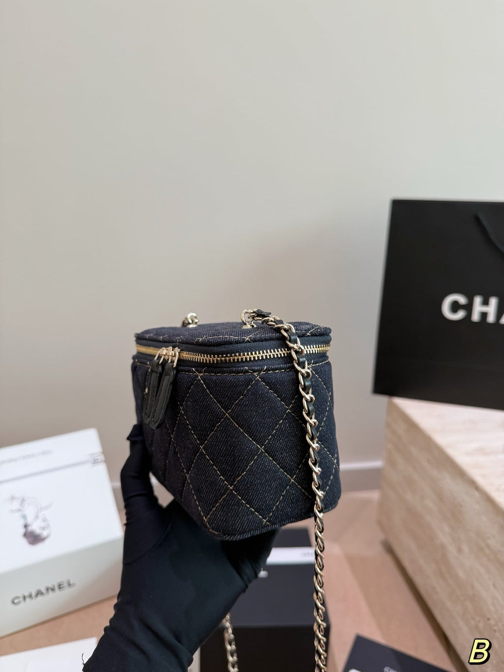 Chanel Dark Denim Quilted Vanity Chain Bag – Gold Stitching Crossbody Shoulder Bag