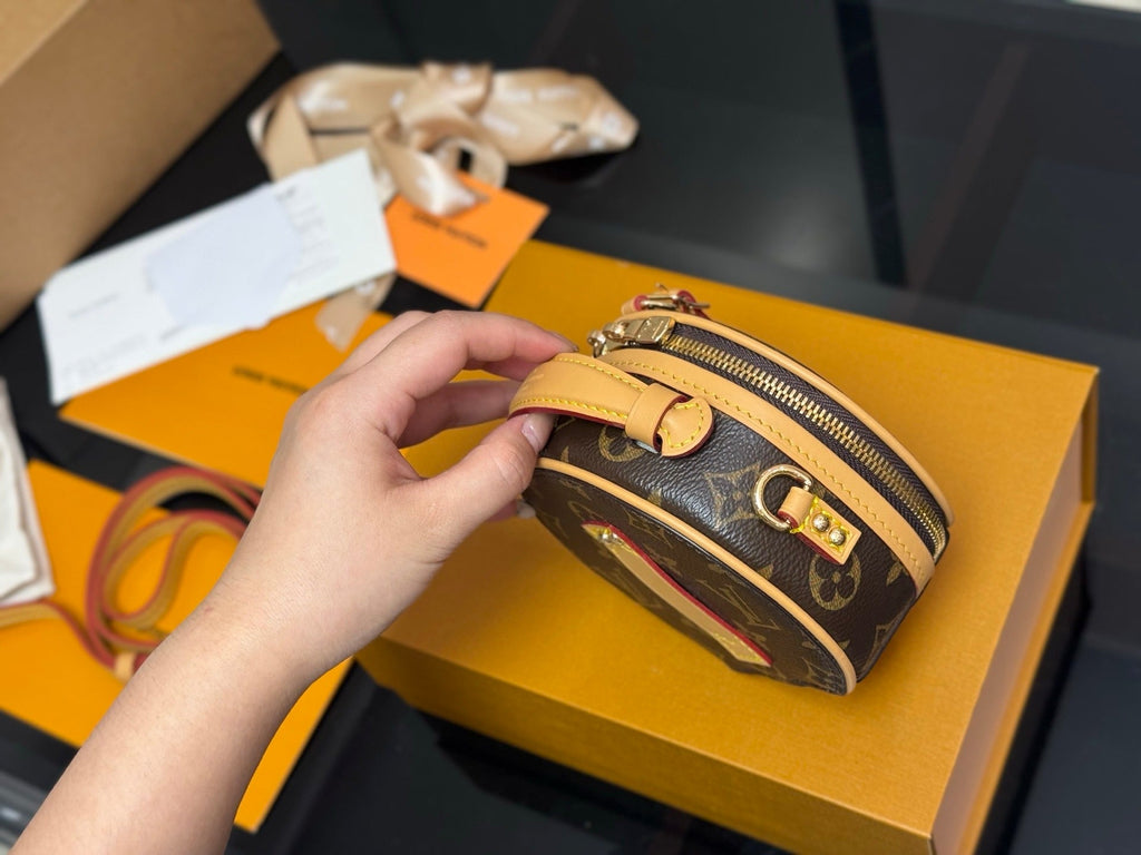 Louis Vuitton Monogram Boite Chapeau Mini Round Crossbody Bag – Classic Canvas Hat Box Shoulder Bag