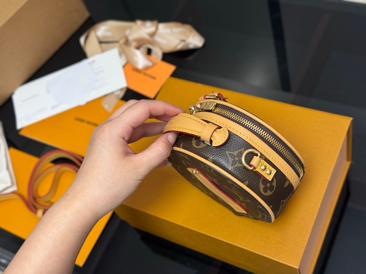 Louis Vuitton Monogram Boite Chapeau Mini Round Crossbody Bag – Classic Canvas Hat Box Shoulder Bag