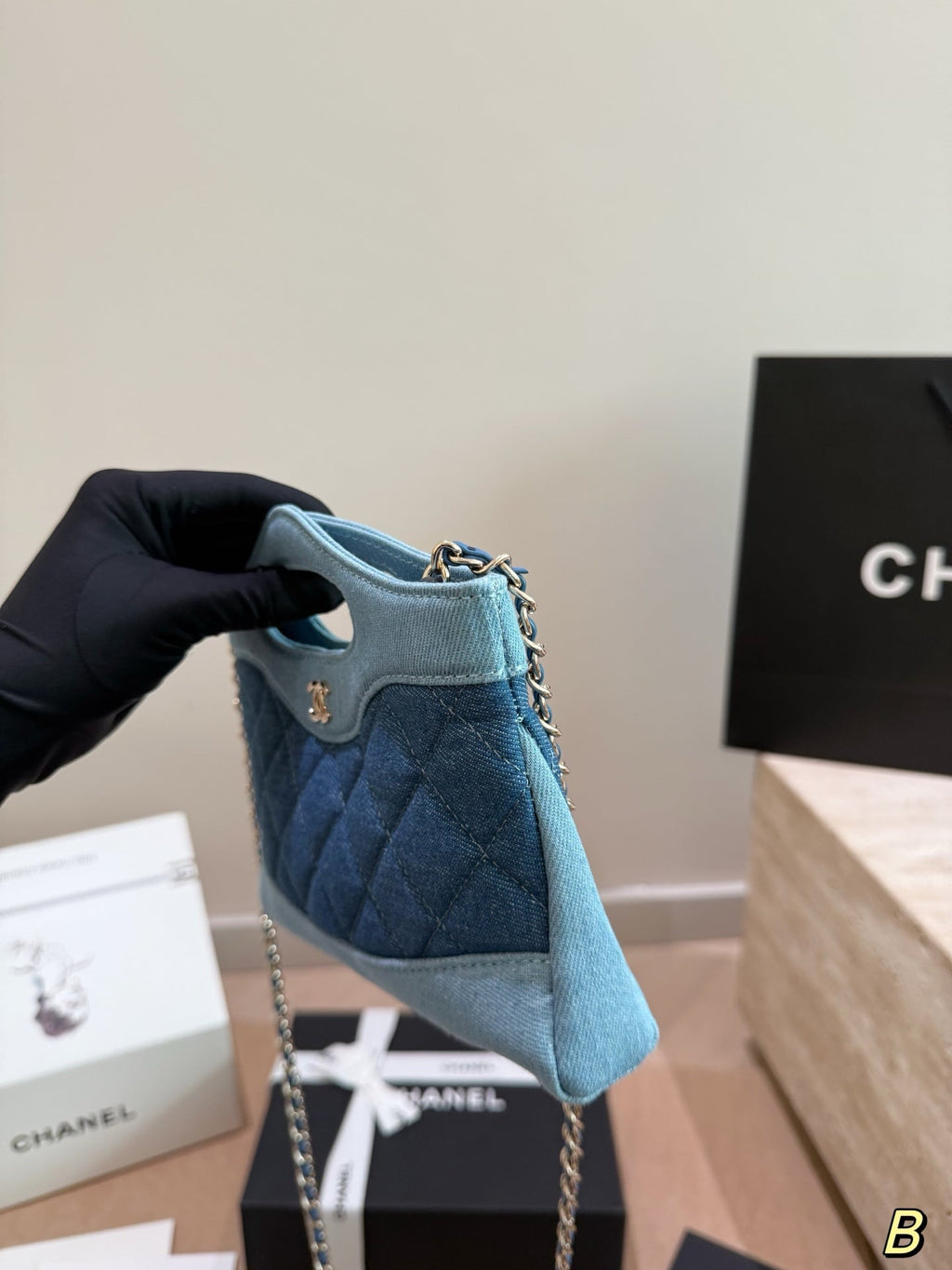 Chanel Quilted Denim Mini Shopping Tote – Two-Tone Blue Chain Shoulder & Top-Handle Bag