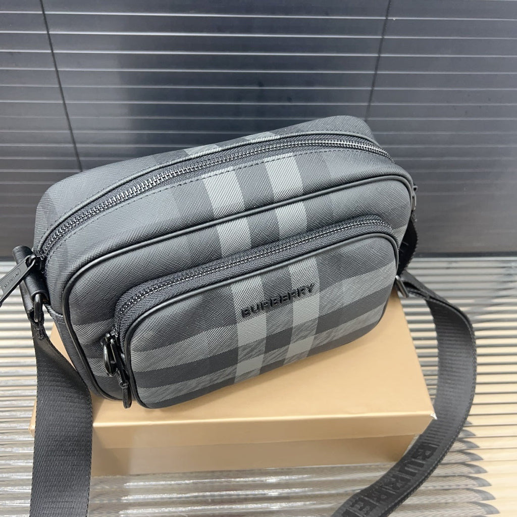 Burberry Men's Charcoal Check Camera Bag – Dark Charcoal Coated Canvas Crossbody Bag