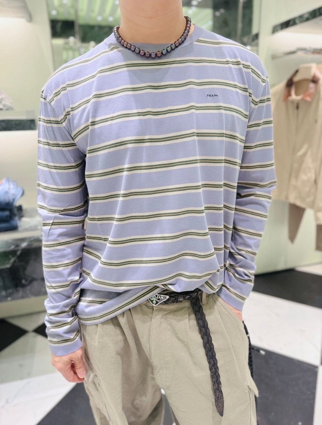 Prada Small Embroidered Logo Striped Long-Sleeve T-Shirt - Blue/Green