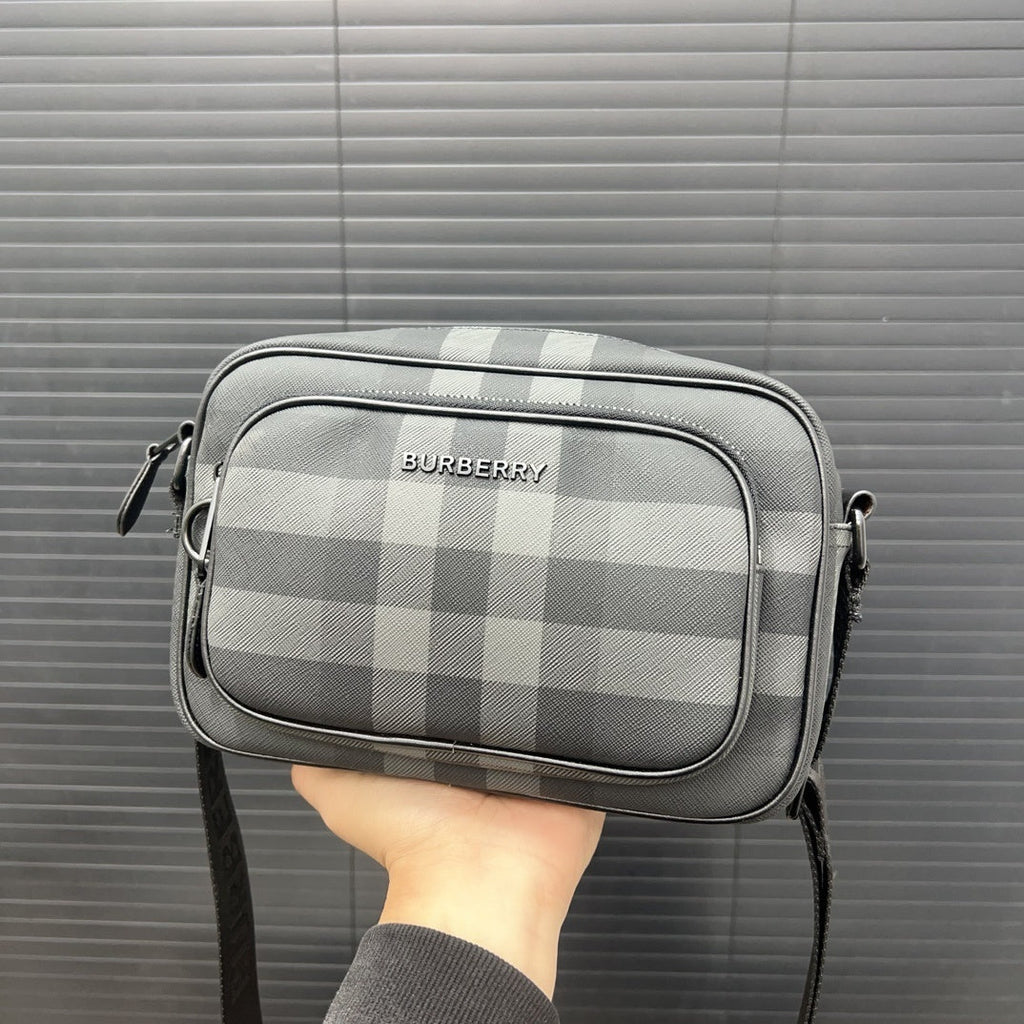Burberry Men's Charcoal Check Camera Bag – Dark Charcoal Coated Canvas Crossbody Bag