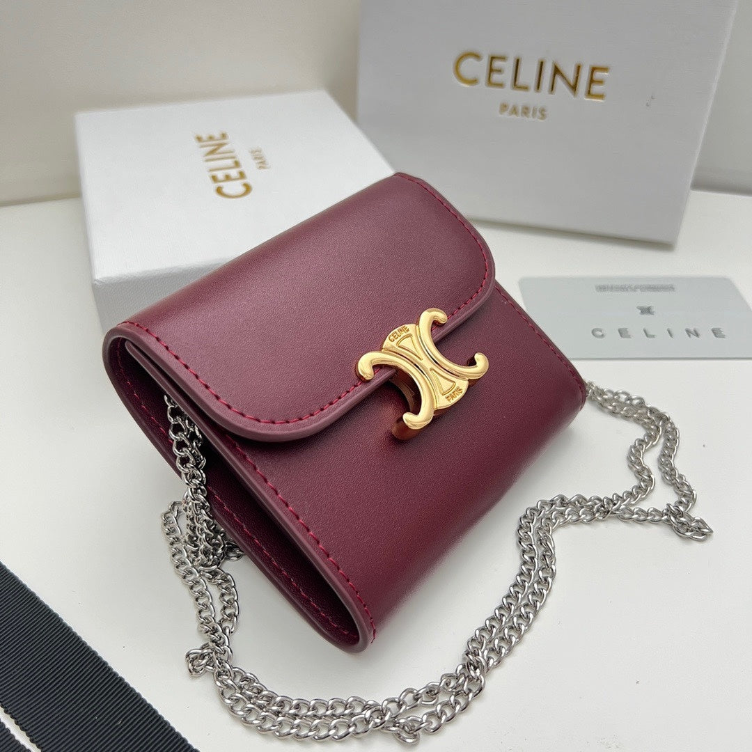Celine Triomphe Chain Wallet in Burgundy Calfskin – Mini Flap Card Holder Crossbody Bag